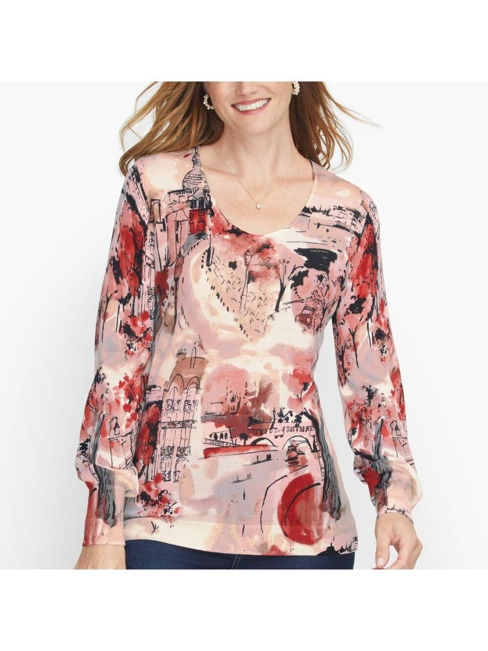 Talbots Pure Merino Rounded V-Neck Sweater - Scenic Autumn City Square - SP